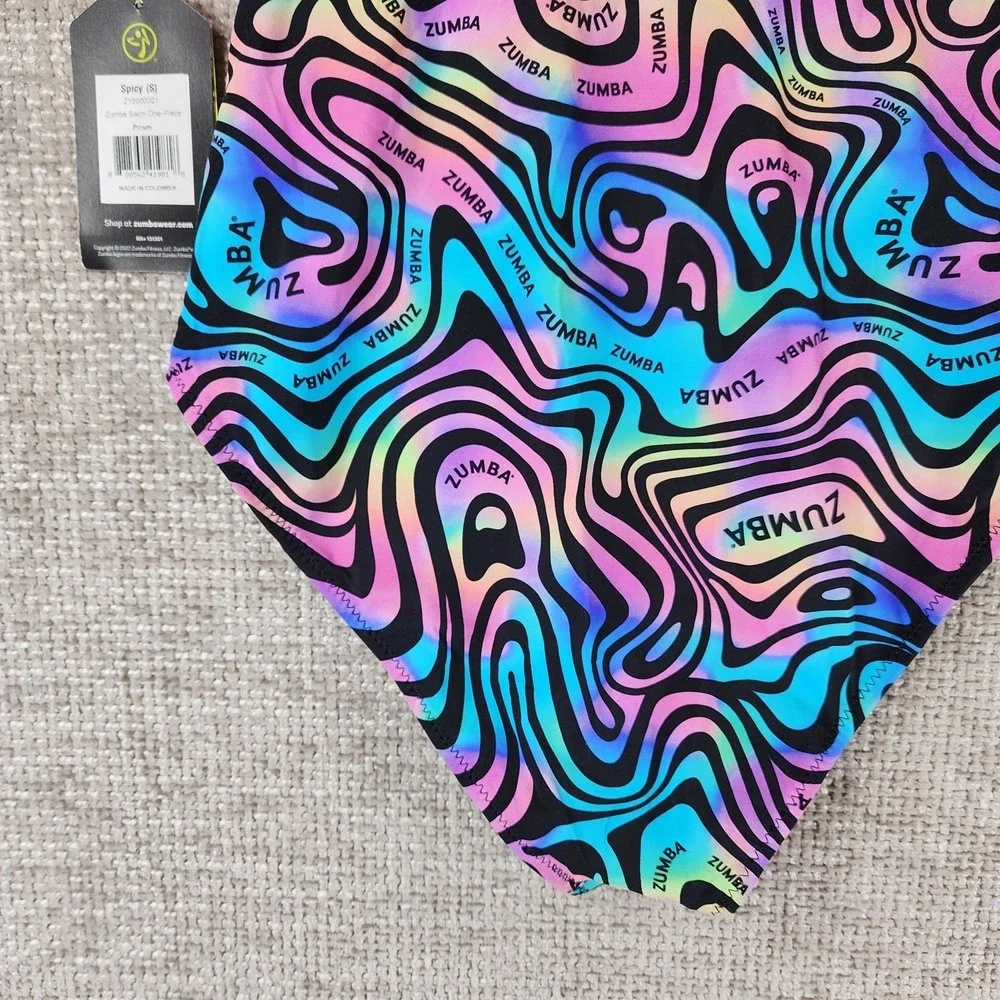 Zumba Swim One Piece Swimsuit Womens Small Multicolor‎ Swirl Lined Shelf Bra NWT